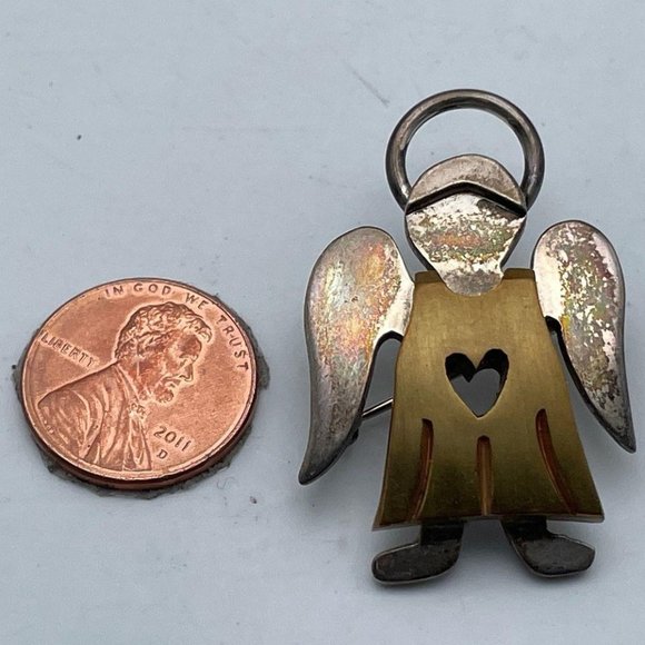Sterling Steel Silver & Gold Tone Brass Small Angel Brooch With Heart & Halo - Picture 1 of 5